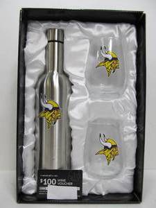 lot 185 image: Brand New MN VIKINGS Stainless Bottle & 2 Glass Tumblers