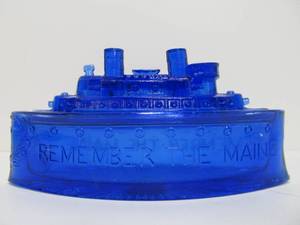 lot 195 image: Old Vintage Cobalt Blue Glass REMEMBER THE MAINE Candy Jar