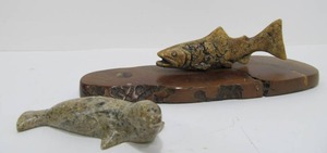 lot 197 image: Inuit Small Carved Stone Fish & Seal