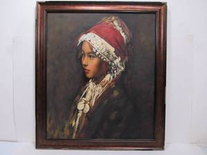 lot 221 image: Framed Oil on Canvas Painting of Young Hmong Girl #1