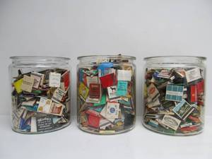 lot 126 image: 3 LARGE Glass Jars FULL of Vintage Matchbooks