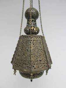 lot 172 image: Vintage Middle Eastern Pierced Brass Hanging LampLantern