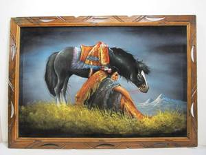 lot 279 image: Original Acrylic on Black Velvet Painting Native American With Horse Signed