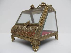 lot 285 image: Ornate Vintage Brass & Beveled Glass Display Case wCherubs