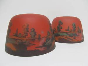 lot 287 image: Matching Pair Original Old Vintage Hand Reverse Painted Glass Lamp Shades