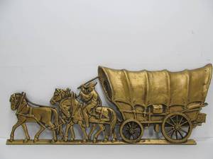 lot 315 image: Vintage Gilt Cast Metal Covered Wagon Wall Plaque 