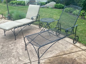 Pair of Adjustable Chaise Loungers and Small Accent Table