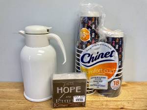 lot 15 image: Lot of To-Go Coffee Cups with Lids, Coasters and Crate & Barrel Coffee Crafe