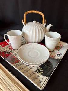 Oriental Tray, Tea Pot, Cups & Saucers