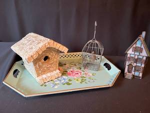 Decorative Metal Tray & Birdhouses