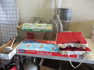 Tetherball game, lake and fishing lot, vintage fan and lamp