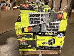 lot 15 image: Mix Lot of assorted Ryobi Outdoor Tools - Includes Lawn Mowers, Tile Saw, Trimmer, etc - Customer Returns - Review all pictures