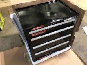lot 19 image: Husky 26.5 in. W x 18 in. D Standard Duty 4-Drawer Rolling Tool Cabinet in Gloss Black - Open Box - Review all pictures