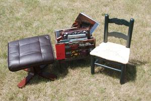 lot 215 image: Little green and wicker doll stool,...