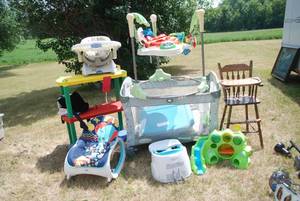 lot 239 image: Baby stuff lot wooden high chair, p...