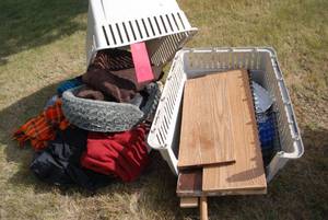 lot 272 image: Large dog crate with bedding and ot...