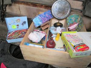 lot 180 image: Large Wood divided crate with crayo...