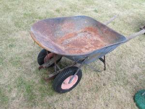 lot 312 image: 2-wheeled metal bucket 3cu ft wheel...