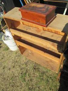 lot 338 image: Raw wood storage shelf with mens d...
