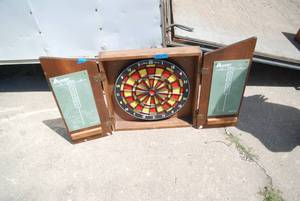 lot 69 image: Wood encased dart board with hinged...