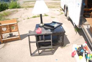 lot 92 image: Black coffee table, hanging shelf, ...