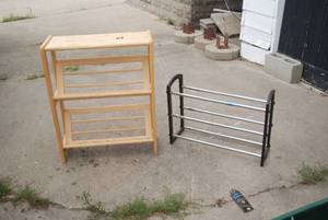 lot 489 image: (1) wooden and (1) metal shoe racks...