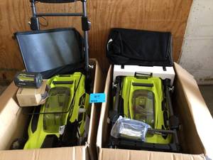 lot 19 image: Lot of 2 Ryobi 40V Brushless 20 in. Cordless Battery Walk Behind Push Lawn Mower - Customer Returns -Review all pictures