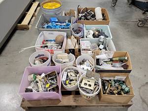 lot 686 image: Pallet Lot of Assorted Electrical and Plumbing - Gang Boxes, Hose Clamps, Brass Valves, Plugs, Garden Hose Connectors and More - NO SHIPPING