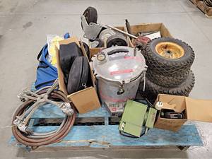 lot 707 image: Pallet Lot of Misc. - Steam Pressure Cleaner, Caster Wheels, Lawn Tires, GAST Pump - All Untested - NO SHIPPING