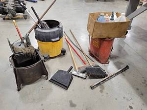 lot 753 image: Large Lot of Cleaning Supplies - Mop, Broom, Cleaning Chemicals, Mop Bucket, Flip Lid Can and More