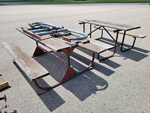 lot 868 image: Lot of (3) Picnic Tables - Includes Steel to make one and the others should have the wood replaced - NO SHIPPING