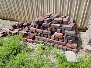 lot 912 image: Large Lot of (200) Vintage Red Brick Pavers - each is about 8 x 4 x 3.5 - Most Say Flint Co. - NO SHIPPING
