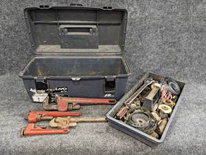 lot 481 image: Toolbox w Pipe Wrenches, Pipe Cutters, Adjustable Wrench, Plumbing Parts and More