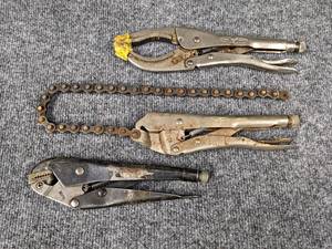 lot 597 image: Vise-Grip Locking Pliers, Vice Grip Locking Chain Wrench and Seymour Smith & Co. No. 1610 Snap-Lock Pliers