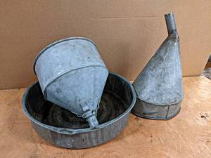 lot 771 image: Galvanized Oil Pan and (2) Galvanized Funnels - NO SHIPPING