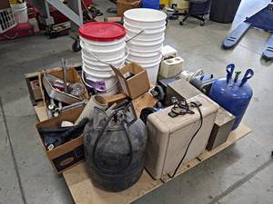 lot 778 image: Pallet Lot of Misc. Supplies Including Space Heaters, 5 Gallon Buckets, Air Tank, and More Pallet NOT Included - NO SHIPPING