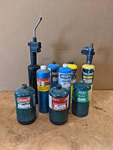 lot 781 image: Lot of Propane and MAP Gas Bottles and Torches - Black one is empty, others are partials - NO SHIPPING
