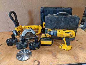 lot 814 image: Lot of Assorted DeWalt 14.4V Tools, Batteries and Charger w 2 Cases