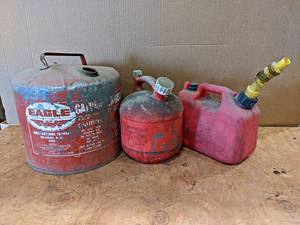 lot 852 image: Lot of (3) Gas  Fuel Cans - Includes (2) 1 Gallon and (1) 5 Gallon Steel Can - NO SHIPPING