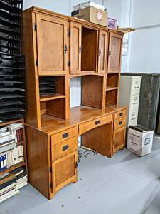 lot 897 image: Custom Made Solid Wood Office Desk & Credenza - Overall About 70 x 26 x 80 Tall - Located on Mezzanine - NO SHIPPING