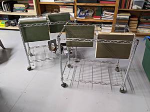 lot 901 image: Pair of Hanging File Folder Carts with Misc. Office Supplies - Carts Measure 25 x 16 x 23 each - NO SHIPPING