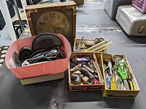 lot 916 image: Lot of Misc. Tools, Pocket Knives, Scissors, Wall Clock, Sunglasses, and More