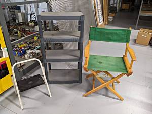lot 919 image: Directors Chair, Small Plastic Shelf, and Step Stool - Shelf Measures About 22 x 15 x 40 - NO SHIPPING