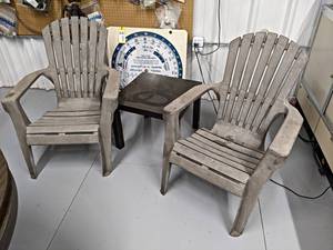 lot 920 image: Pair of Plastic Adirondack Chairs and Small Table - Chairs Measure About 31 x 36 x 35 each - NO SHIPPING