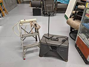 lot 924 image: Flambeau Storage Stool, Aluminum Step Stool, Extension Cord, Table Lamp, and Power Strip - NO SHIPPING