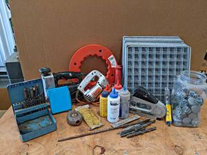 lot 930 image: Large Lot of Misc. Hardware, Power Tools, Drill Bits, and More - NO SHIPPING