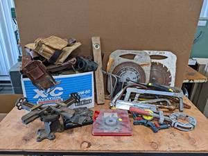 lot 932 image: Large Lot of Hand Tools, Saws, Saw Blades, Tool Belts, Corner ClampsVises, and More - NO SHIPPING