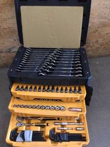 GEARWRENCH 14 in. and 38 in. Drive Standard and Deep SAEMetric Mechanics Tool Set in 3-Drawer Storage Box (232-Piece) Box has one damase latch tool complete and new