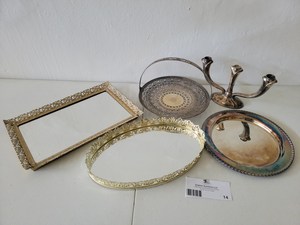 2 Vintage Gold Filigree Mirrored Vanity Trays and 2 Silver-Plated Platters and 1 Candelabra