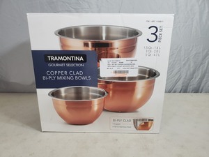 New 3 Piece Copper Clad Tramontina Bi-Ply Mixing Bowl Set